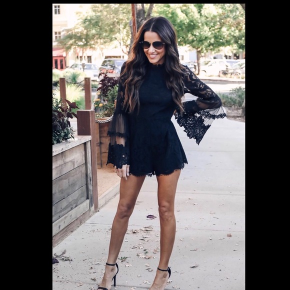 in the beginning Other - NWOT: black lace romper with bell sleeves